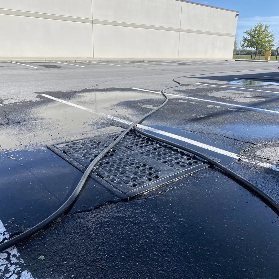 Covered catch basin during parking lot washing Covered catch basin during parking lot washing
