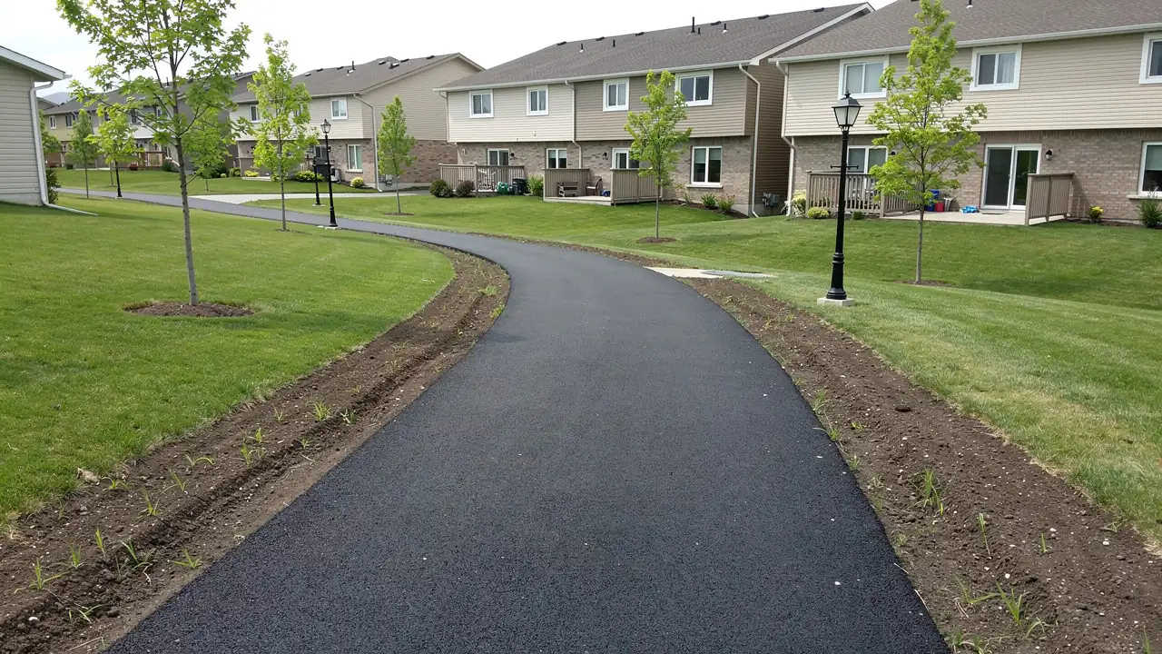 Curving asphalt path beside Kitchener townhouses Curving asphalt path beside Kitchener townhouses