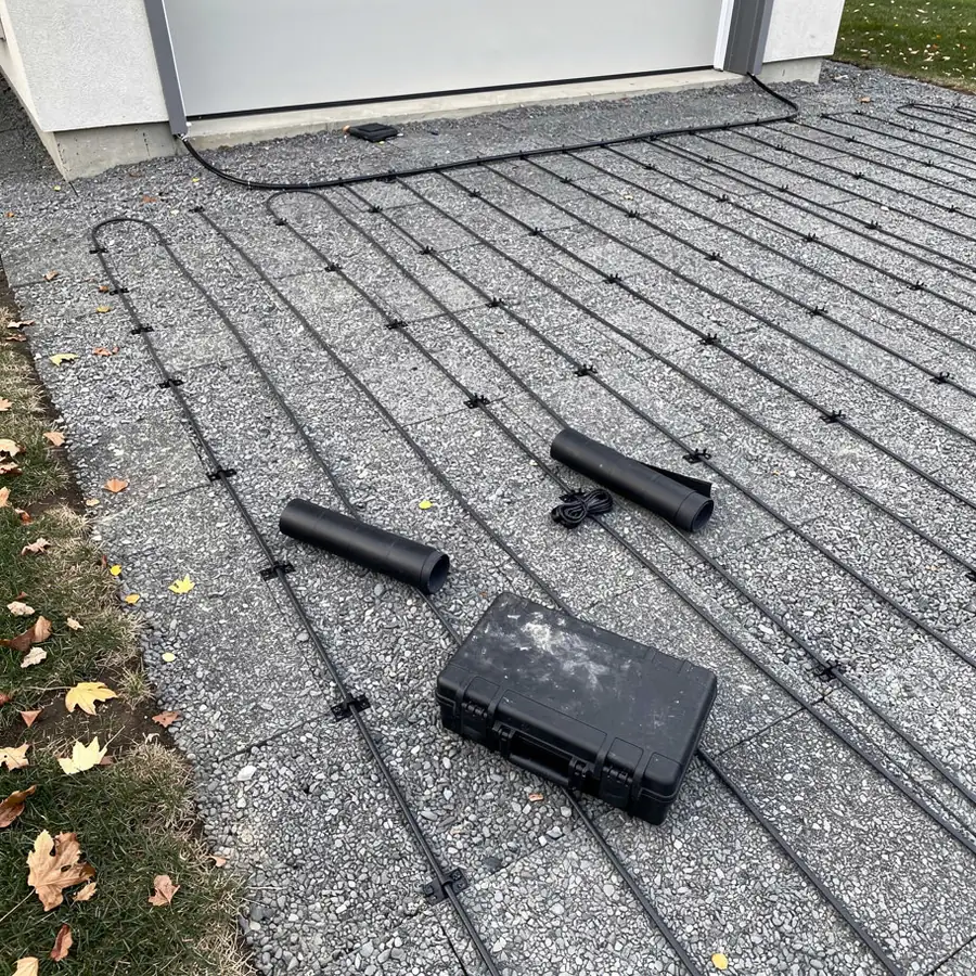 Snowmelt heating cable laid before paving Snowmelt heating cable laid before paving