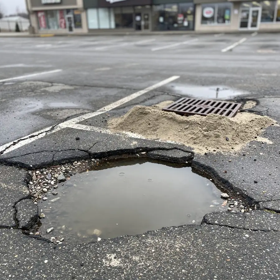 Water filled pothole in plaza parking lot